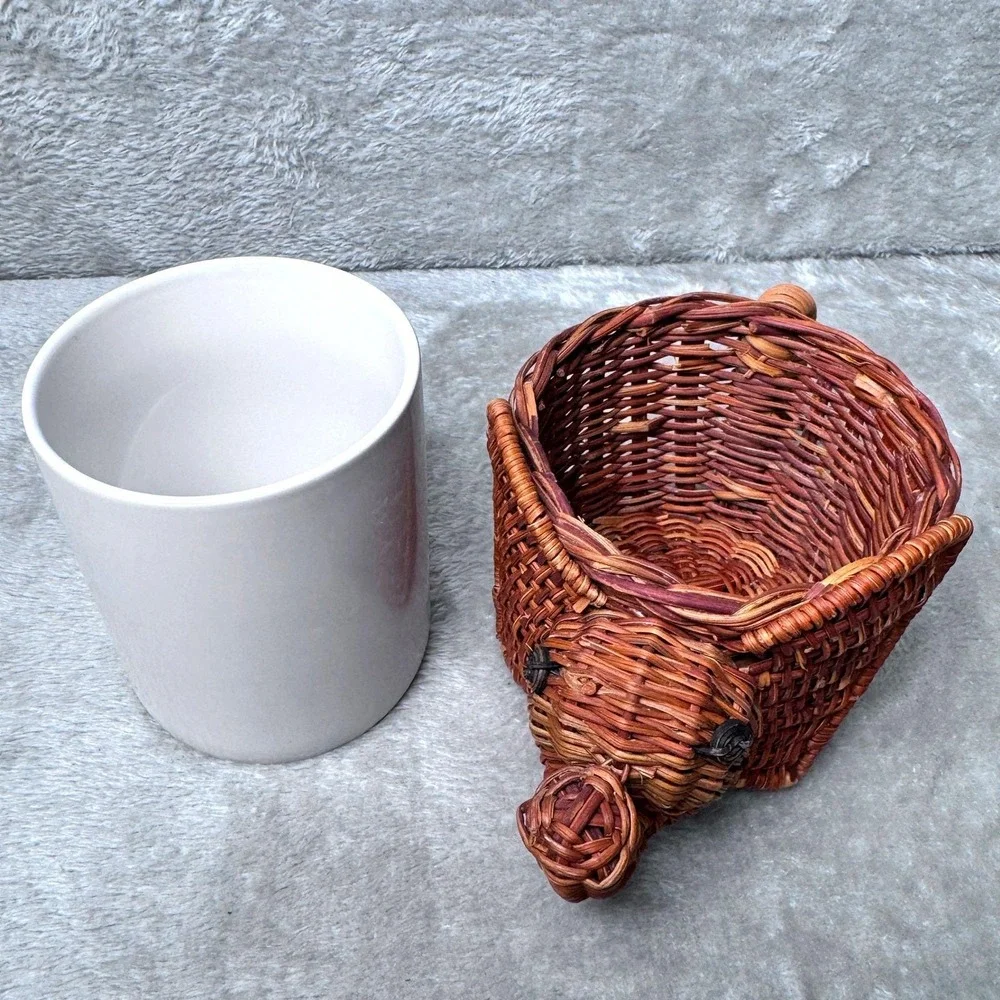 Elephant Mug Vintage Wicker Basket‎ Holder w/ White Ceramic Cup Cottagecore Boho